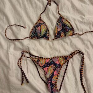 OndadeMar Multicolor Paisley Triangle Bikini Top with Side-tie Bottom - Sz: L